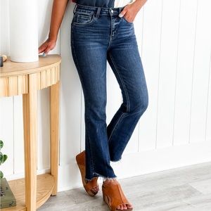 Vervet dark wash, high rise, raw hem kick flares